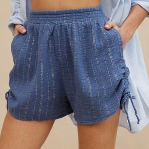 Aerie Women's Blue Metallic Stripe Drawstring Shorts Size M Medium New NWT‎